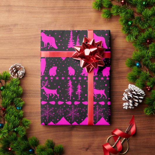 Noordse Sweater Black & Roze Fuchsia Winter Animal Cadeaupapier (Feestdagen Geschenken)