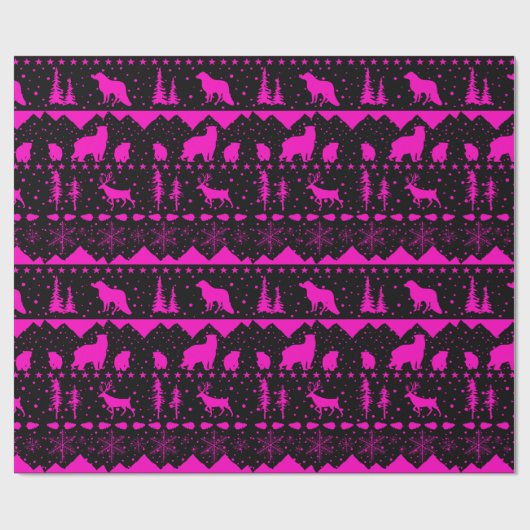 Noordse Sweater Black & Roze Fuchsia Winter Animal Cadeaupapier (Vlak)