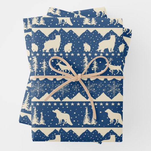 Noordse Sweater Navy Blue Beige Winter Animals Inpakpapier Vel (In situ)