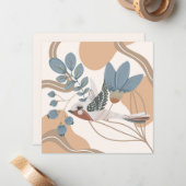 Noordse vogels en bloemen in blauw en tan notitiekaartje (Voorkant / Achterkant in situ)