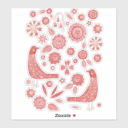 Noordse vogels en bloemen rood en wit sticker (Vel)