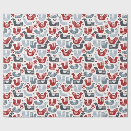 Noordse volken Rood Blauwe Vogels en Bloemen Cadeaupapier (Vlak)