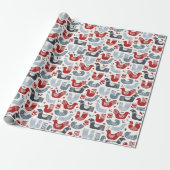 Noordse volken Rood Blauwe Vogels en Bloemen Cadeaupapier (Uitgerold)
