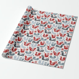 Noordse volken Rood Blauwe Vogels en Bloemen Cadeaupapier