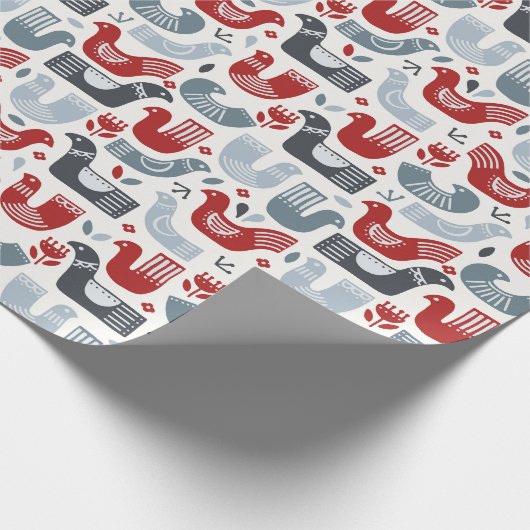 Noordse volken Rood Blauwe Vogels en Bloemen Cadeaupapier (Hoek)