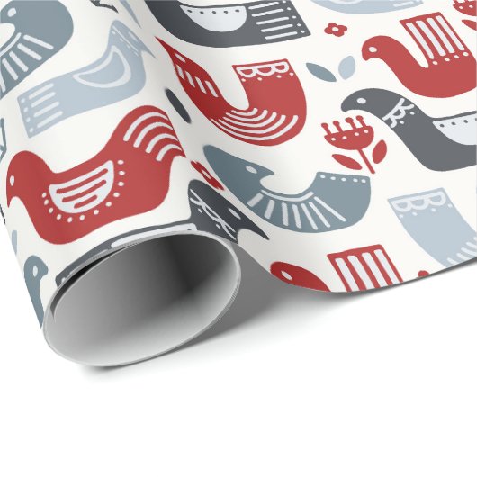 Noordse volken Rood Blauwe Vogels en Bloemen Cadeaupapier (Rol Hoek)