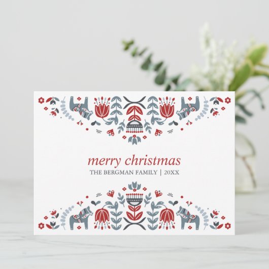 Noordse volks kunst | Dala paard Kerst vakantie Feestdagenkaart (Staand voorkant)