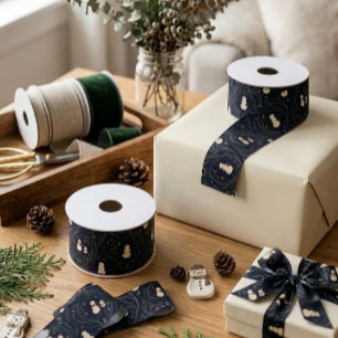 Noordse volks kunst Kerstmis Sneeuwmannen Navy Grosgrain Lint