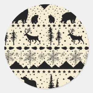 Noordse winterdieren zwart en beige ronde sticker