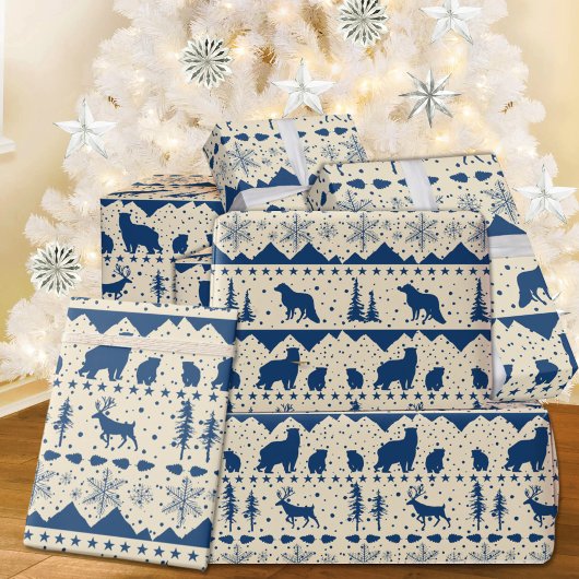 Noordse zoetwatermarine Blue Winter Animals beige Cadeaupapier