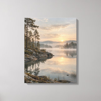 Noordse zonsopgang boven nevelige wateren canvas afdruk