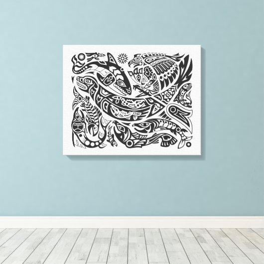 Noordwestelijke sjamaan en kano, walvisjacht op za canvas afdruk (Insitu (Houten vloer))