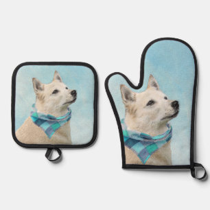 Noors Buhund Schilderij Wheaten Originele Hond Kun Ovenwant & Pannenlap Set