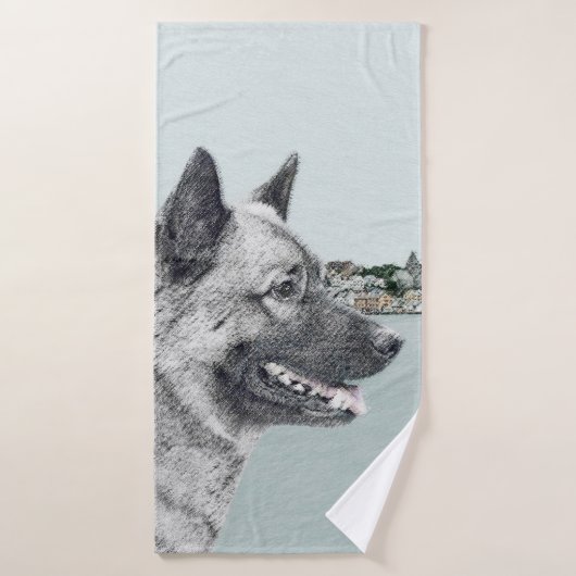 Noors Elkhound bij Village Painting - Dog Art Bad Handdoek (Badhanddoek)
