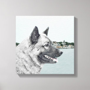 Noors Elkhound bij Village Painting - Dog Art Canvas Afdruk