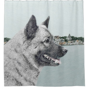 Noors Elkhound bij Village Painting - Dog Art Douchegordijn