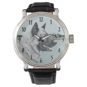 Noors Elkhound bij Village Painting - Dog Art Horloge