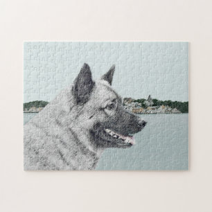Noors Elkhound bij Village Painting - Dog Art Legpuzzel
