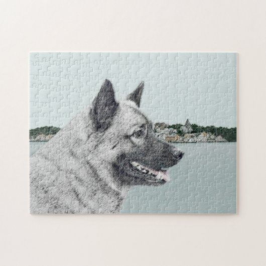 Noors Elkhound bij Village Painting - Dog Art Legpuzzel (Horizontaal)