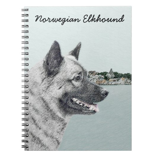 Noors Elkhound bij Village Painting - Dog Art Notitieboek (Voorkant)