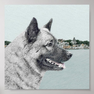 Noors Elkhound bij Village Painting - Dog Art Poster