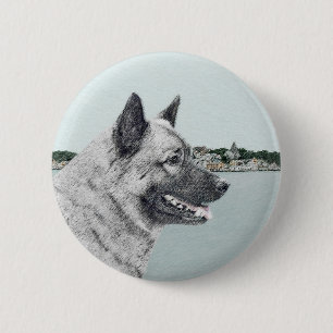 Noors Elkhound bij Village Painting - Dog Art Ronde Button 5,7 Cm