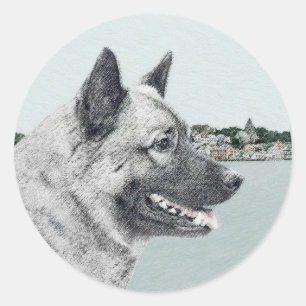 Noors Elkhound bij Village Painting - Dog Art Ronde Sticker