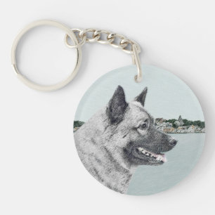 Noors Elkhound bij Village Painting - Dog Art Sleutelhanger
