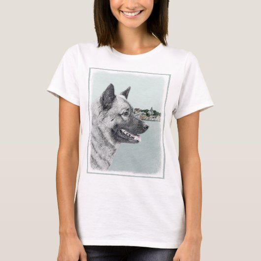 Noors Elkhound bij Village Painting - Dog Art T-shirt (Voorkant)