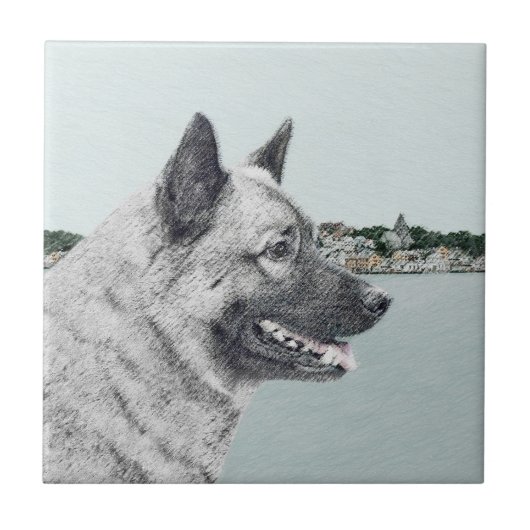 Noors Elkhound bij Village Painting - Dog Art Tegeltje (Voorkant)