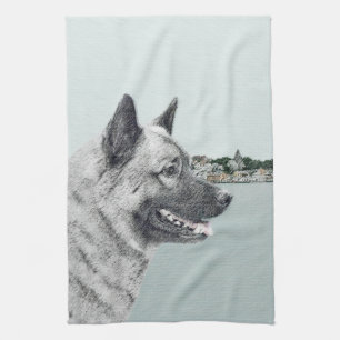 Noors Elkhound bij Village Painting - Dog Art Theedoek
