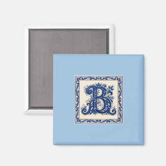 Noors Erfgoed Rosemaling Monogram-Blauw Magneet (Voorkant / Achterkant)