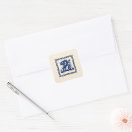 Noors Erfgoed Rosemaling Monogram-Blauw Vierkante Sticker