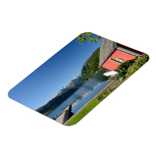 Noors fjord uitzicht + boothuis rechthoekmagneet magneet (Linkerzijde)