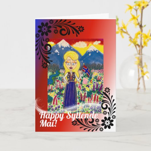 Noors meisje in Bunad Kaart (Gele Bloem)