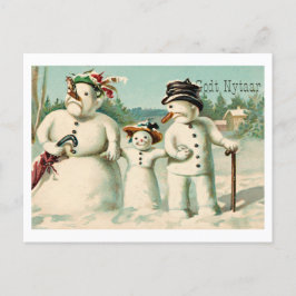 Noors Nieuwjaar met sneeuwman familie Briefkaart