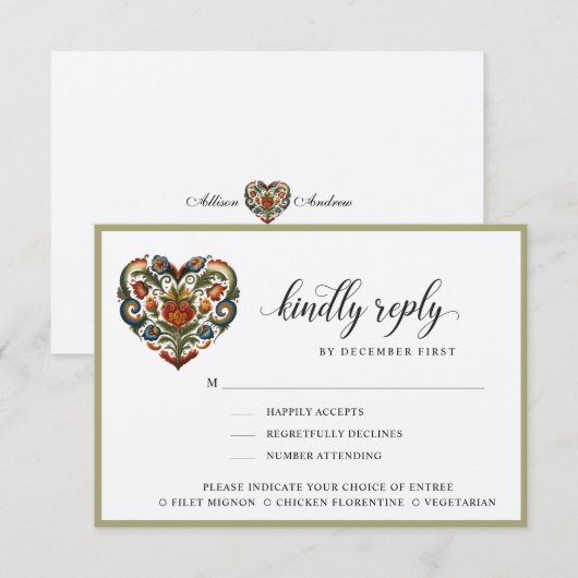 Noors Rosemalin Hart | Beantwoorden | Maaltijdopti RSVP Kaartje (Voorkant / Achterkant)