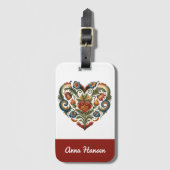 Noors Rosemaling Folk Art Heart gepersonaliseerd Bagagelabel (Voorkant (verticaal))