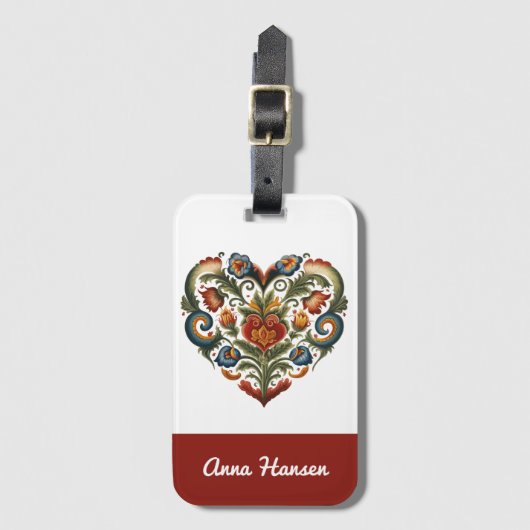 Noors Rosemaling Folk Art Heart gepersonaliseerd Bagagelabel (Voorkant (verticaal))