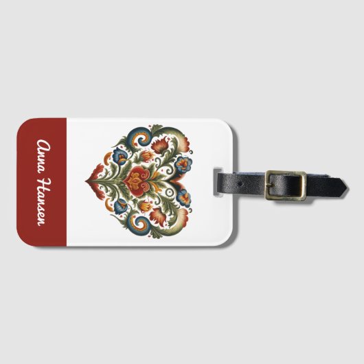 Noors Rosemaling Folk Art Heart gepersonaliseerd Bagagelabel (Voorkant (horizontaal))
