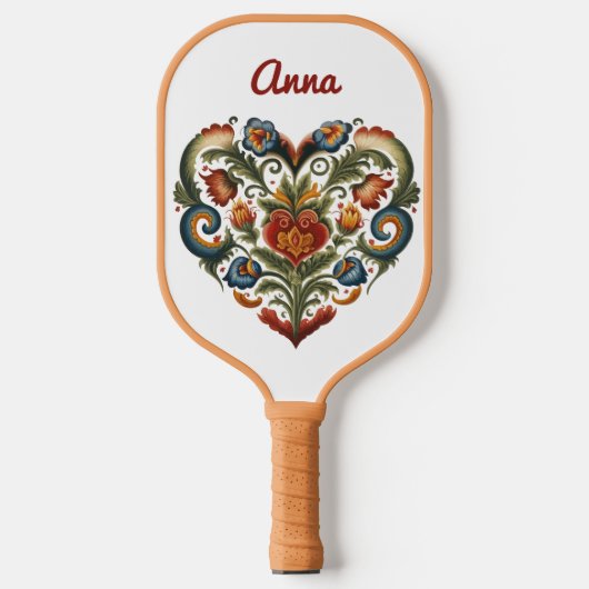 Noors Rosemaling Folk Art Heart gepersonaliseerd Pickleball Paddle (Voorkant)