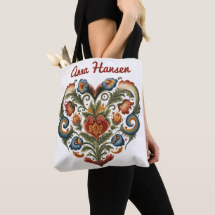 Noors Rosemaling Folk Art Heart, gepersonaliseerd  Tote Bag