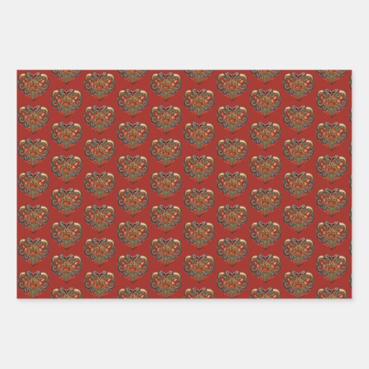 Noors Rosemaling Folk Art Heart Inpakpapier Vel (Voorkant 3)
