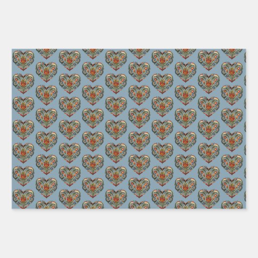 Noors Rosemaling Folk Art Heart Inpakpapier Vel (Voorkant)