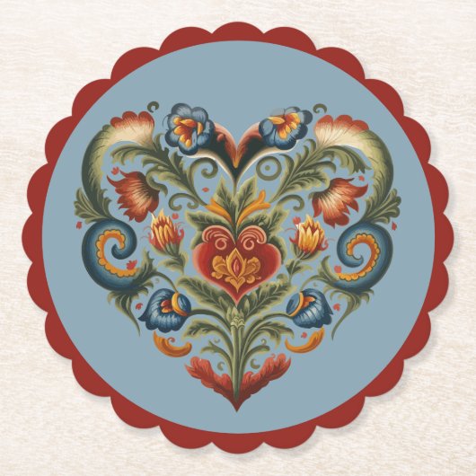 Noors Rosemaling Folk Art Heart Kartonnen Onderzetters (Voorkant)