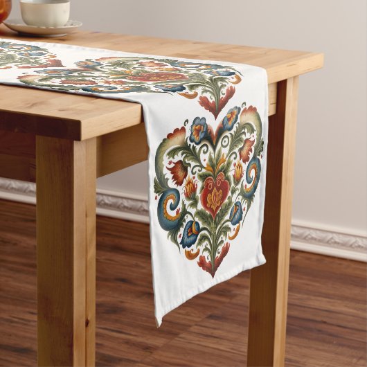 Noors Rosemaling Folk Art Heart Lange Tafelloper (Voorbeeld)