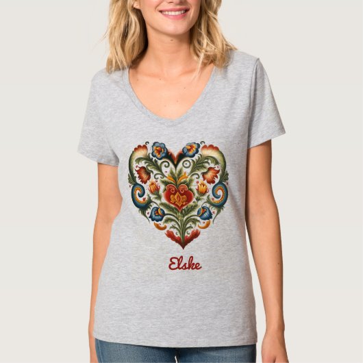 Noors Rosemaling Folk Art Heart "Love" T-shirt (Voorkant)