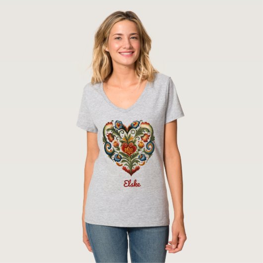 Noors Rosemaling Folk Art Heart "Love" T-shirt (Voorkant volledig)
