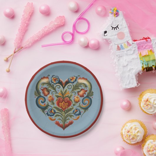 Noors Rosemaling Folk Art Heart Papieren Bordje (Feest)