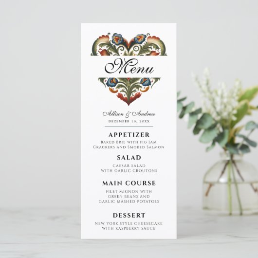 Noors Rosemaling Hart Bewerkbaar Diner Menu (Staand voorkant)